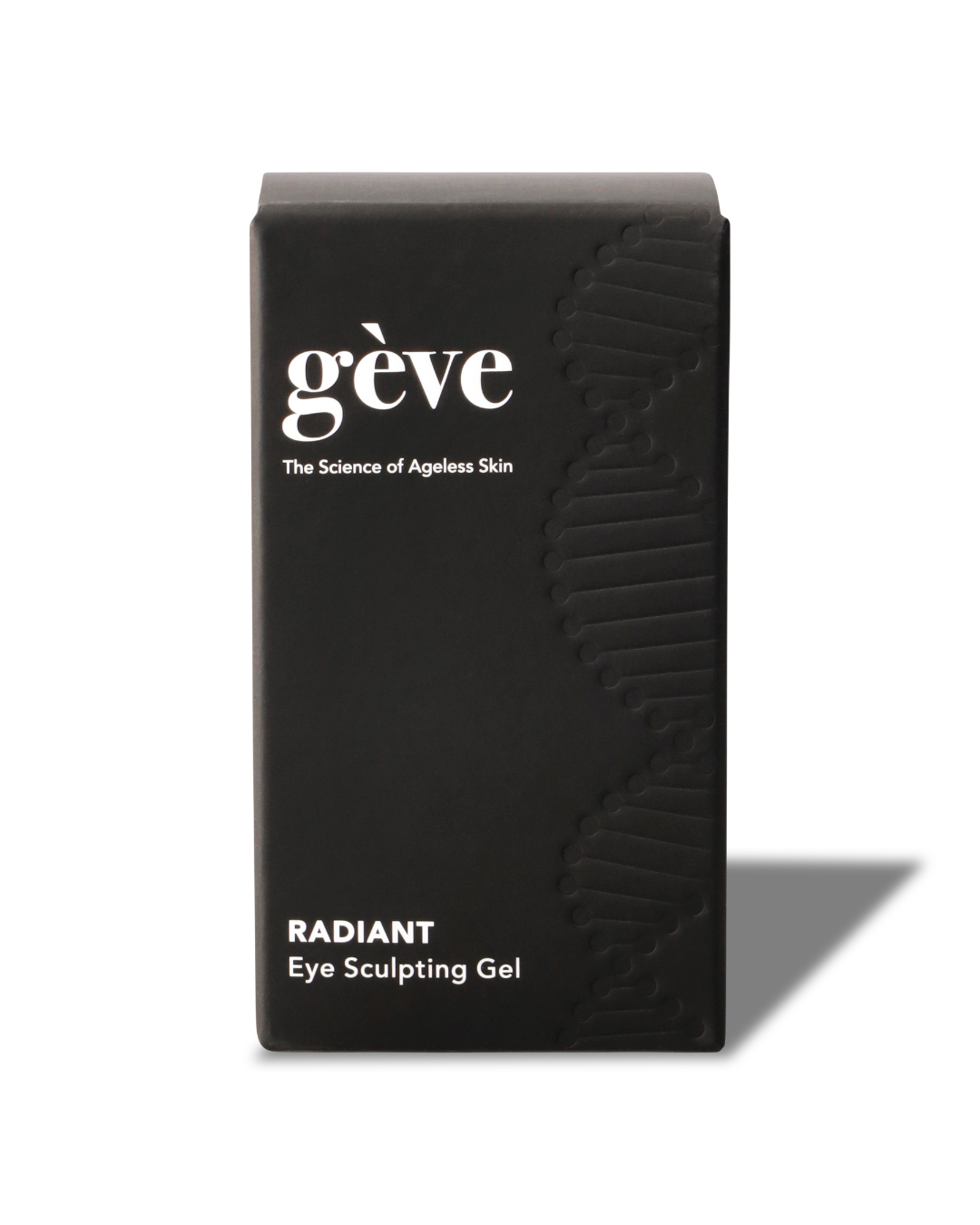 A black package of Géve brand RADIANT EYE SCULPTING GEL with white and silver text, indicating the product is for targeting fine lines, wrinkles, under eye bags, and dark circles.