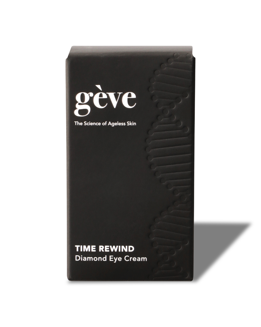 A black box of TIME REWIND Diamond Eye Cream by Gève with the text 'The Science of Ageless Skin' on the packaging.